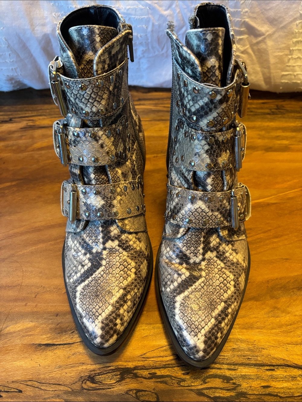 Studded Snake-Print Buckle Ankle Boots in Gray and Cream Size 6